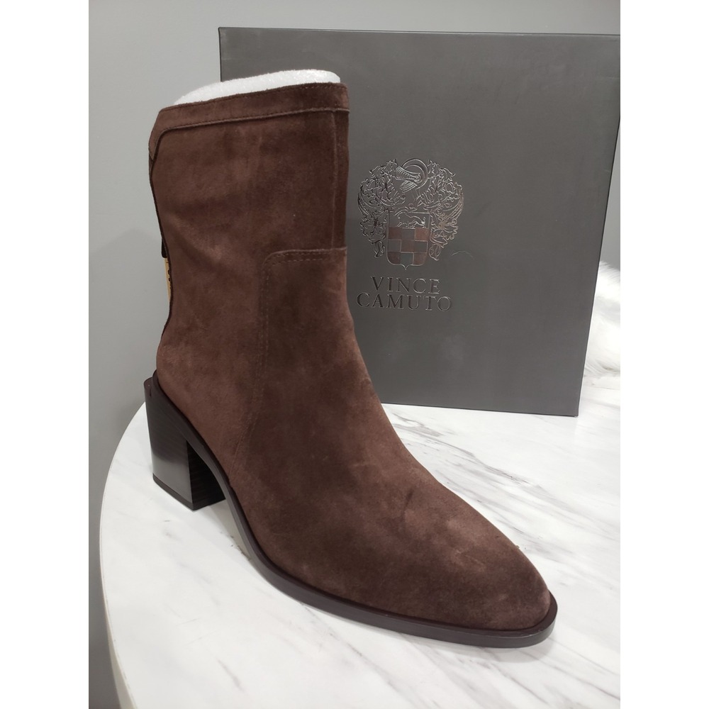 NEW SZ 7.5 Vince Camuto Kortimy Suede Boots Root Beer BOOTIE ANKLE BLOCK HEEL